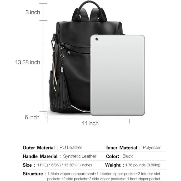 Women Black PU Leather Anti Theft Travel Backpack Purse with Tassel main image 5
